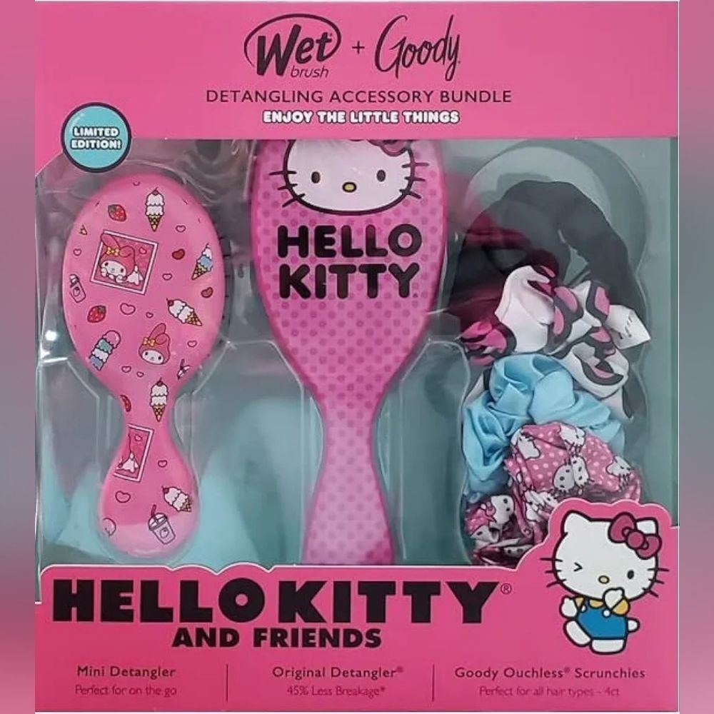 Hello Kitty Wet Brush + Goody Detangling Accessory Bundle Scrunchies Pink NIB